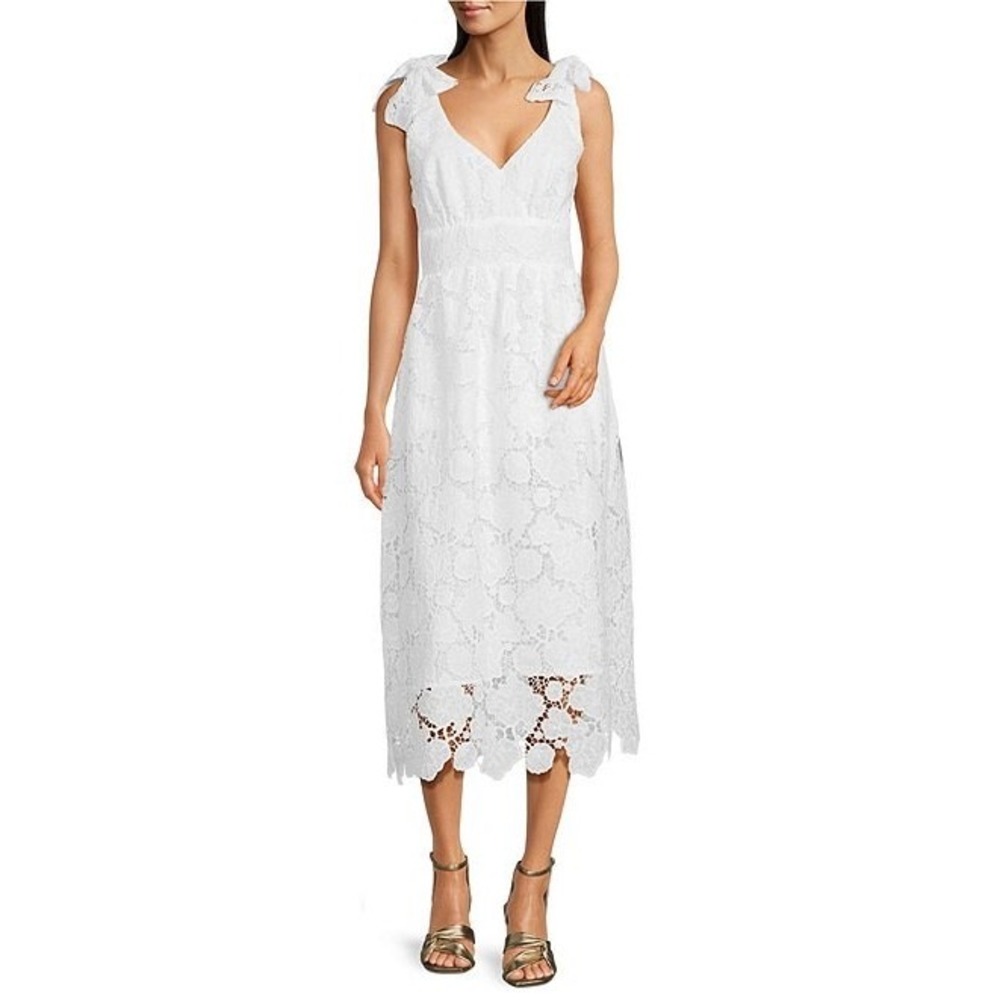 Layered With Love floral Lace Midi‎ Dress V-Neck Bow Shoulder Straps size XS